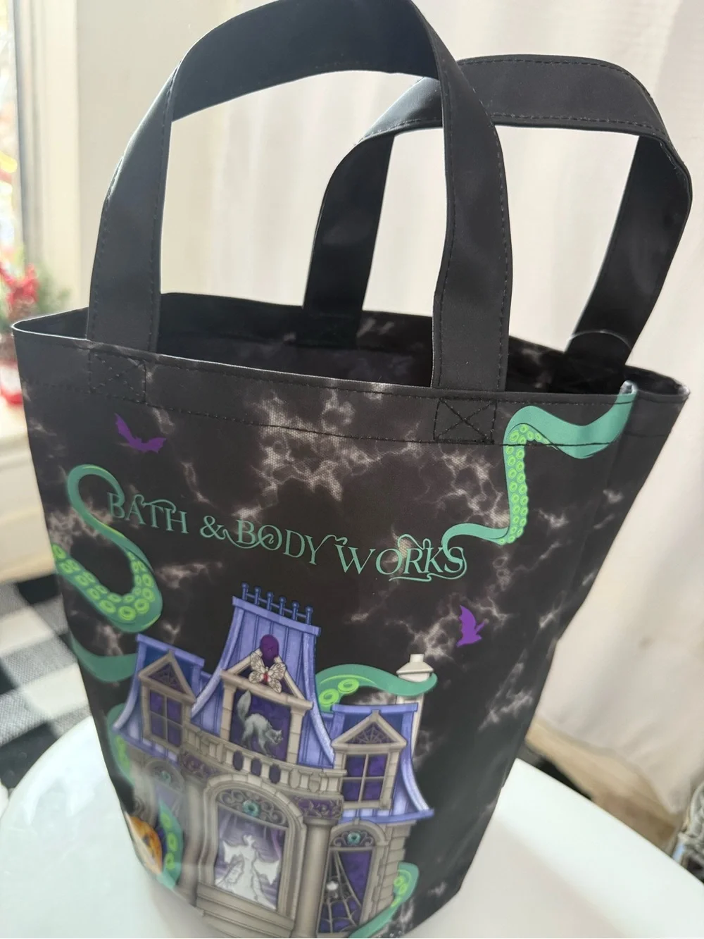 Bath & Body Works Black Tote with Purple Haunted House & Green Tentacles